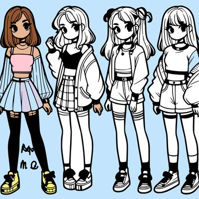 one girl with crop-top shirt and a jacket with a skirt, long socks and another girl with a shirt and pants with a jacket