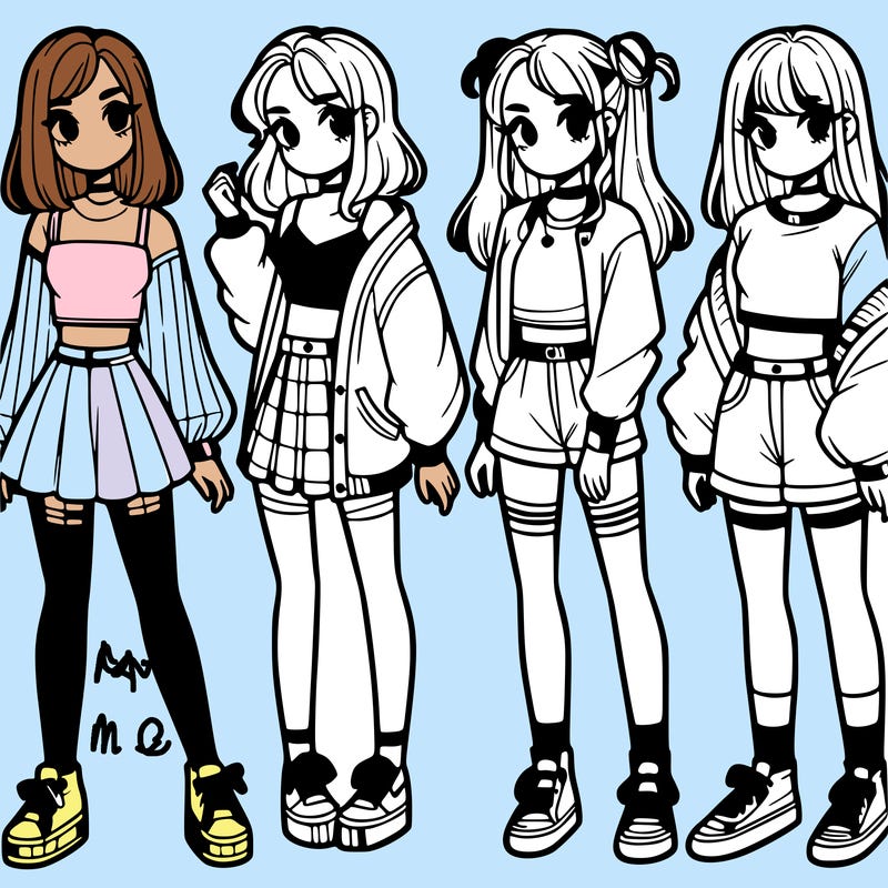 one girl with crop-top shirt and a jacket with a skirt, long socks and another girl with a shirt and pants with a jacket