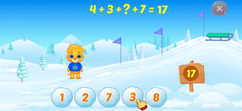 Math Kids app screenshot showing an addition puzzle with a winter theme and a lion character.