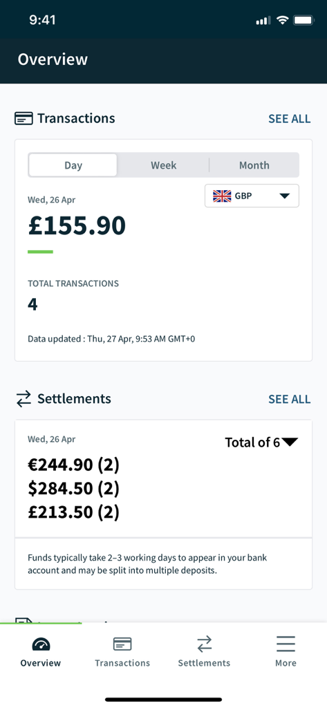 Worldpay Dashboard - Mobile App-Oberfläche von Worldpay Dashboard, die tägliche Transaktionssummen und mehrwährungsfähige Abrechnungszusammenfassungen für Kleinunternehmer anzeigt.