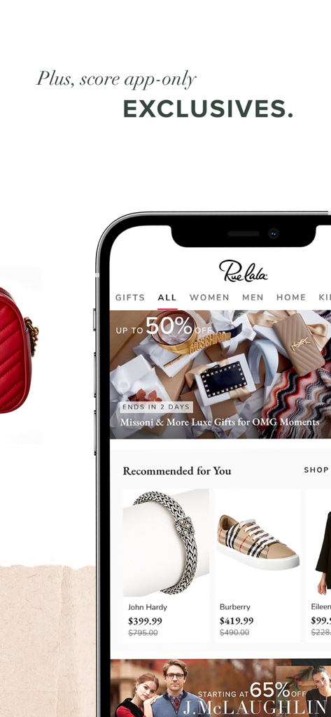 Rue La La App-Oberfläche zeigt Luxusmode-Rabatte und exklusive Angebote für Mitglieder