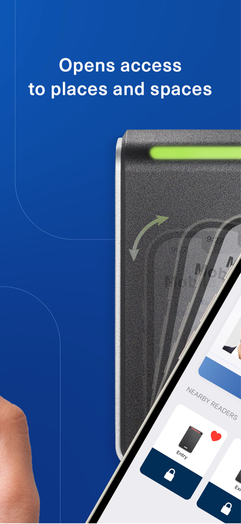 A smartphone using the HID Mobile Access app to open a secure door reader.