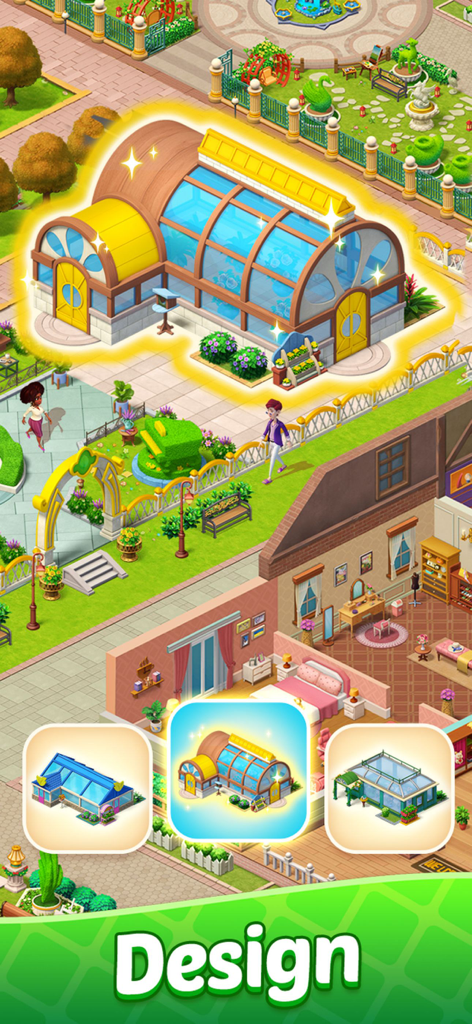 Selecting a custom greenhouse design in the Solitaire Resort mobile game interface