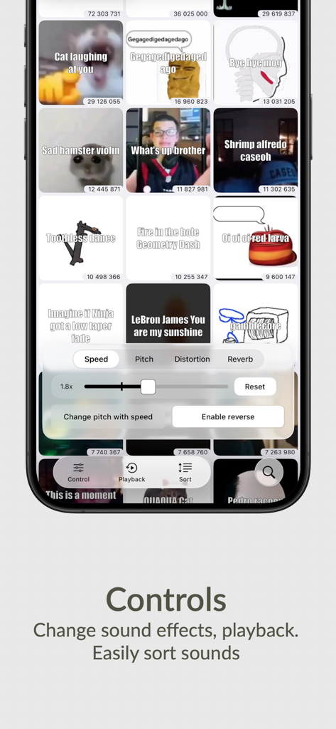 Interfaz de la aplicación Meme Soundboard mostrando controles de efectos de sonido como velocidad y tono sobre una cuadrícula de sonidos de memes populares