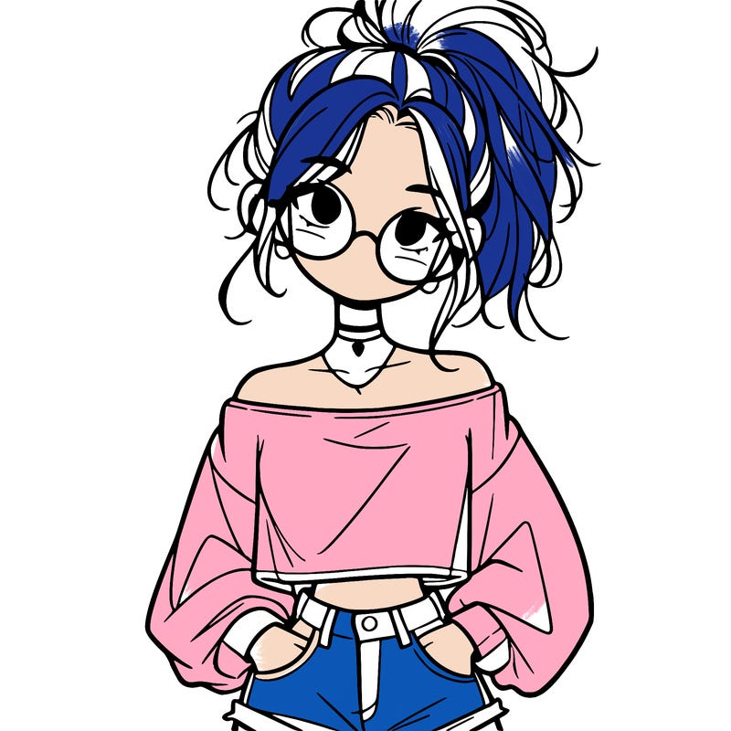 girl with a messy ponytail glasses a baggy crop top and jean shorts