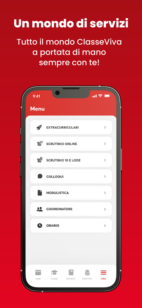 ClasseViva Docenti - Interfaz de menú de la aplicación ClasseViva Docenti para profesores mostrando varios servicios educativos.