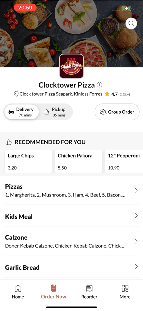 Clocktower Pizza KinlossForres - Clocktower Pizza mobile app home screen showing food menu categories and delivery options