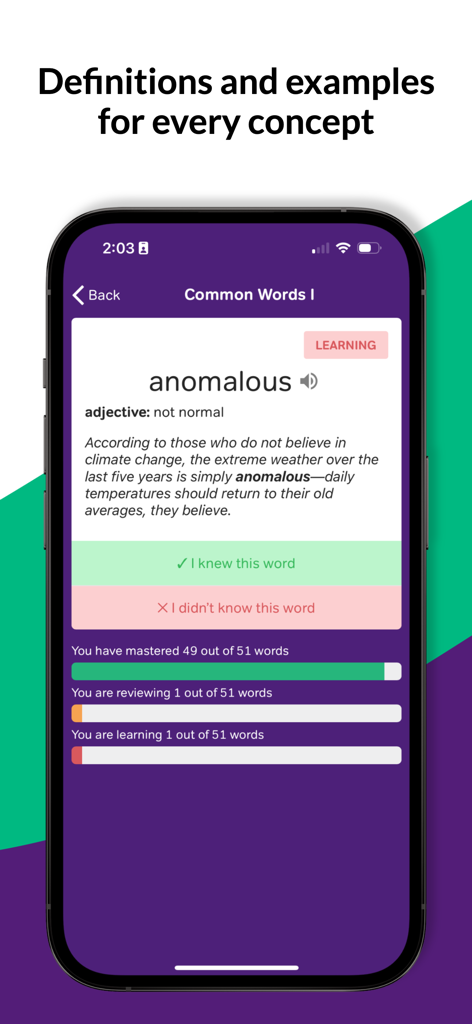 GRE Vocabulary Flashcards - GRE flashcard interface showing word definition and study progress