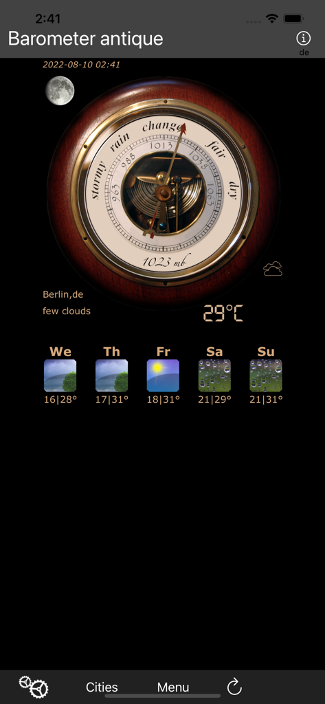 Antique style barometer app interface showing current weather and five day forecast