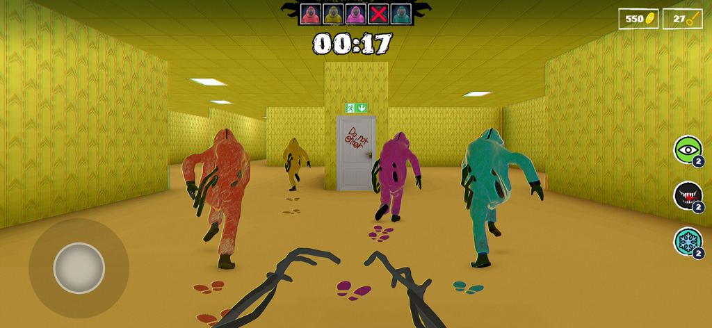 First-person view of a monster chasing survivors in colorful hazmat suits through the yellow walls of the Backrooms.