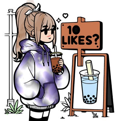girl with oversized hoodie drinking boba and she has a high ponytail with a sign that says 10likes?