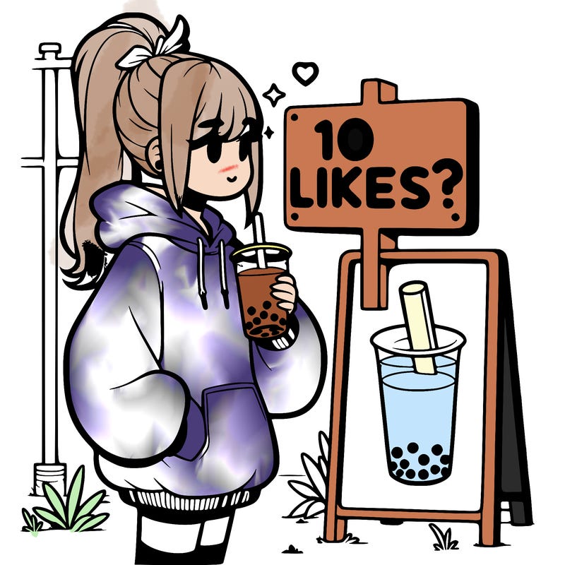 girl with oversized hoodie drinking boba and she has a high ponytail with a sign that says 10likes?