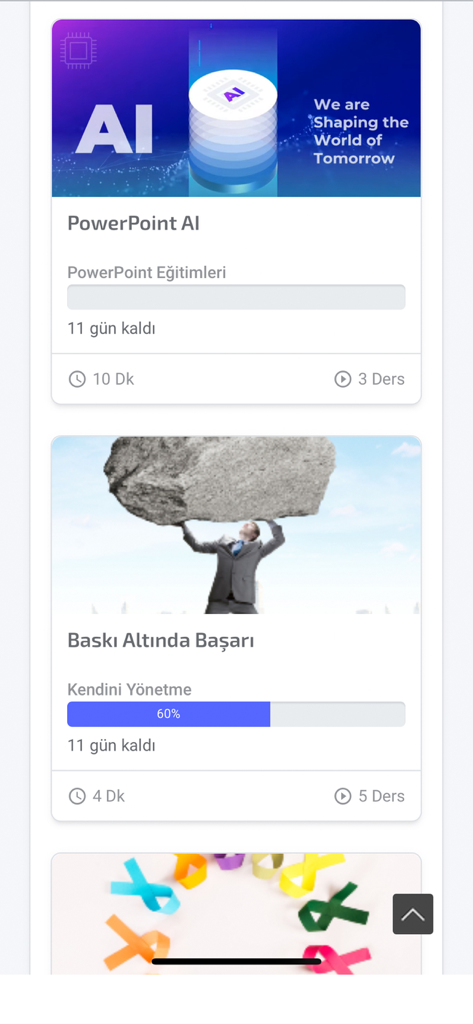 Mobil Akademi v3 - Mobile interface of Mobil Akademi v3 showing corporate training courses like PowerPoint AI and Success Under Pressure with progress tracking