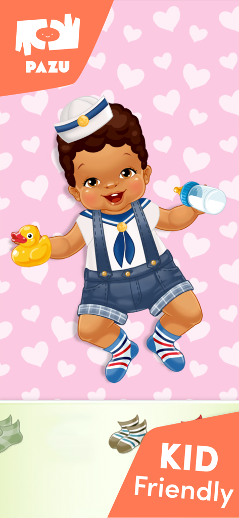 A cute baby character dressed in a sailor outfit holding a rubber duck and a bottle