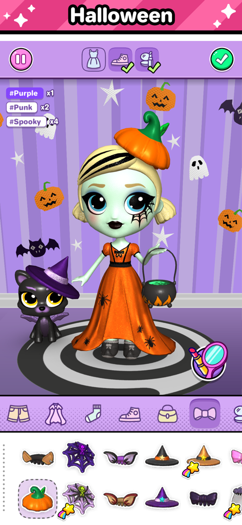 Go! Dolliz: Doll Dress Up Game - Una muñeca 3D con un vestido naranja de Halloween y un sombrero de calabaza con un espeluznante compañero gato negro en el juego de vestir Go Dolliz.