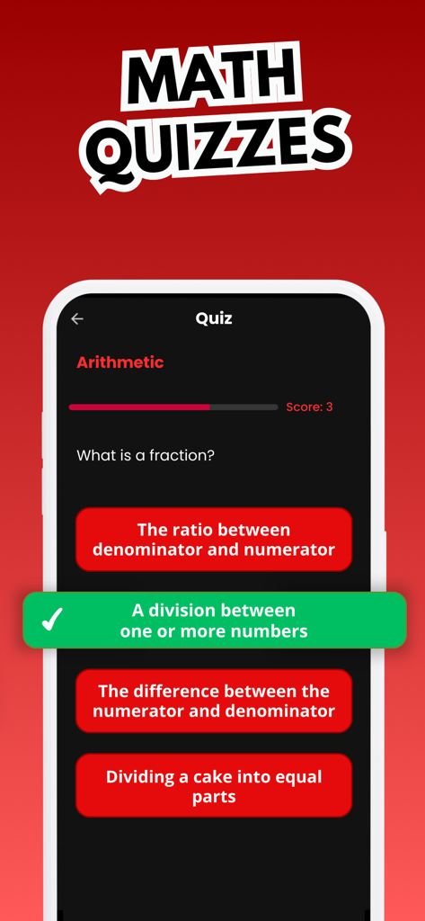Math Master Arithmetic Algebra - Pantalla de quiz de aritmética de la aplicación Math Master preguntando qué es una fracción con opciones de respuesta múltiple y la respuesta correcta seleccionada