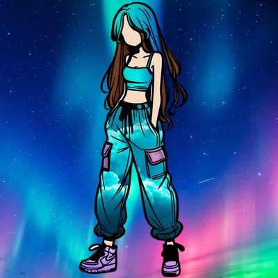 girl in baggy pants crop top and long hair