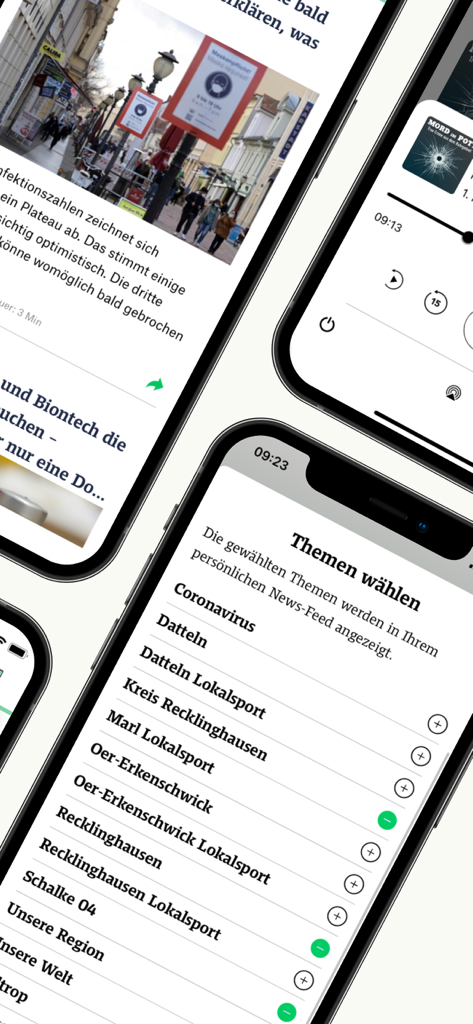 Recklinghäuser Zeitung - Oberfläche der Recklinghäuser Zeitung App mit lokalen Nachrichtenartikeln, einem Podcast-Player und Einstellungen zur Themenauswahl.