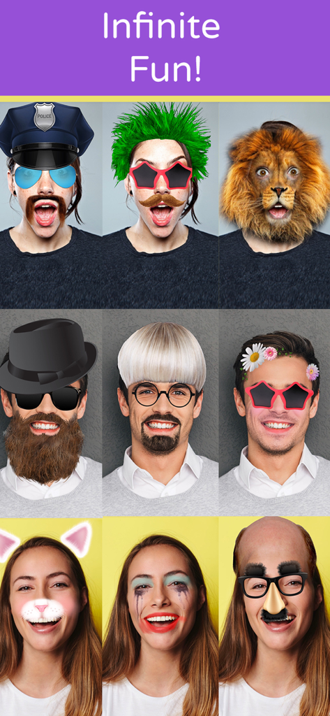 Face Swap Live Lite - A grid showcasing diverse funny face filters including a lion mask, police officer hat, and clown makeup
