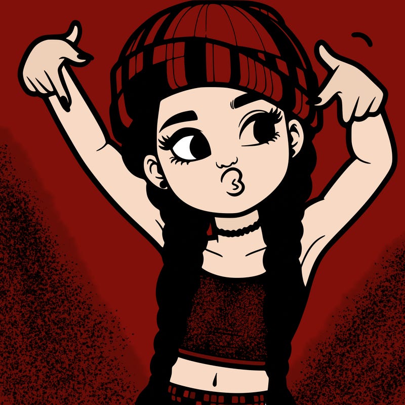 realistic teenage girl with braids and a beanie and crop top doing 🫶🏼