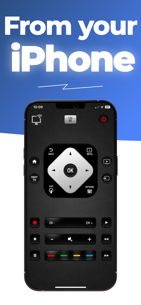 Phil : tv remote - Una pantalla de iPhone que muestra un control remoto digital realista para televisores inteligentes Philips con botones de navegación y volumen.