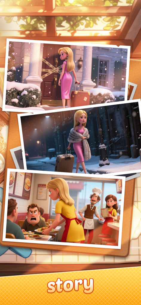 Storyboard showing a woman moving from a seized mansion to working in a diner