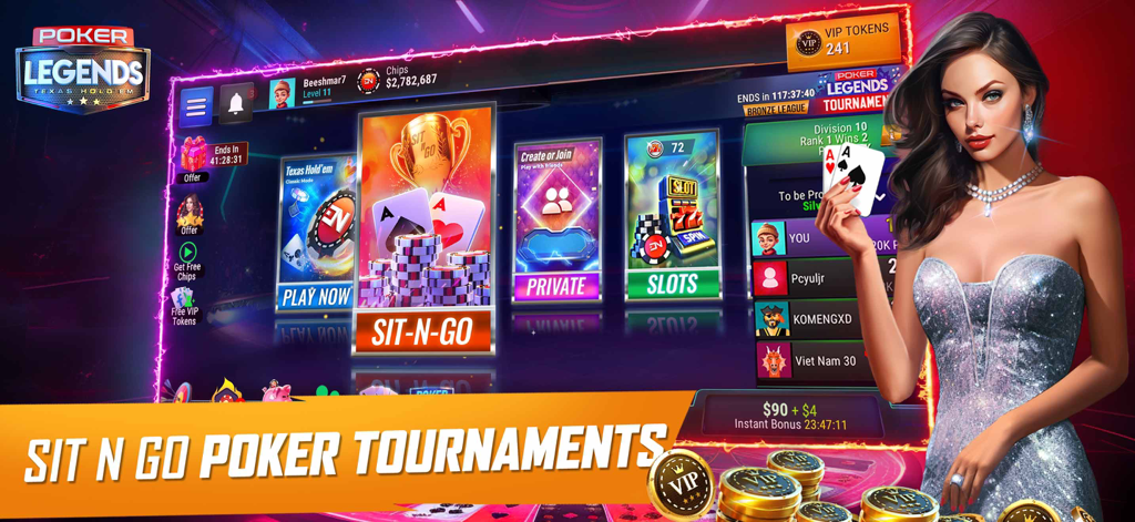 Texas Holdem: Poker Legends - Game lobby of Texas Holdem Poker Legends showing Sit N Go tournaments and a woman with aces