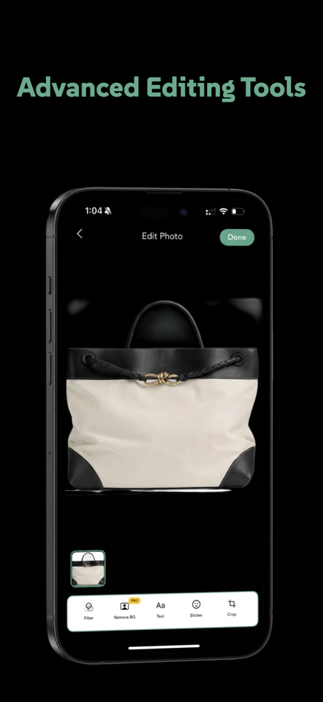Lookbooks - Express Creativity - Mobile app interface showing photo editing tools for fashion styling including background removal and filters