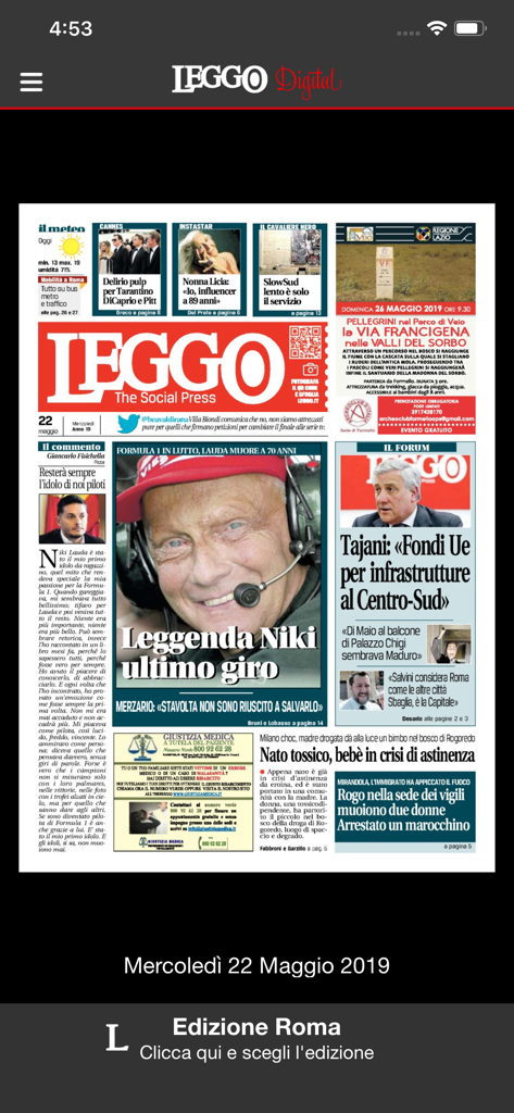 L'application Leggo Digital affichant la première page de l'édition du journal italien pour Rome