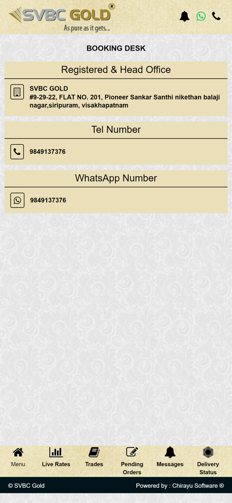 SVBC GOLD - SVBC Gold app Booking Desk screen showing head office address and contact phone numbers