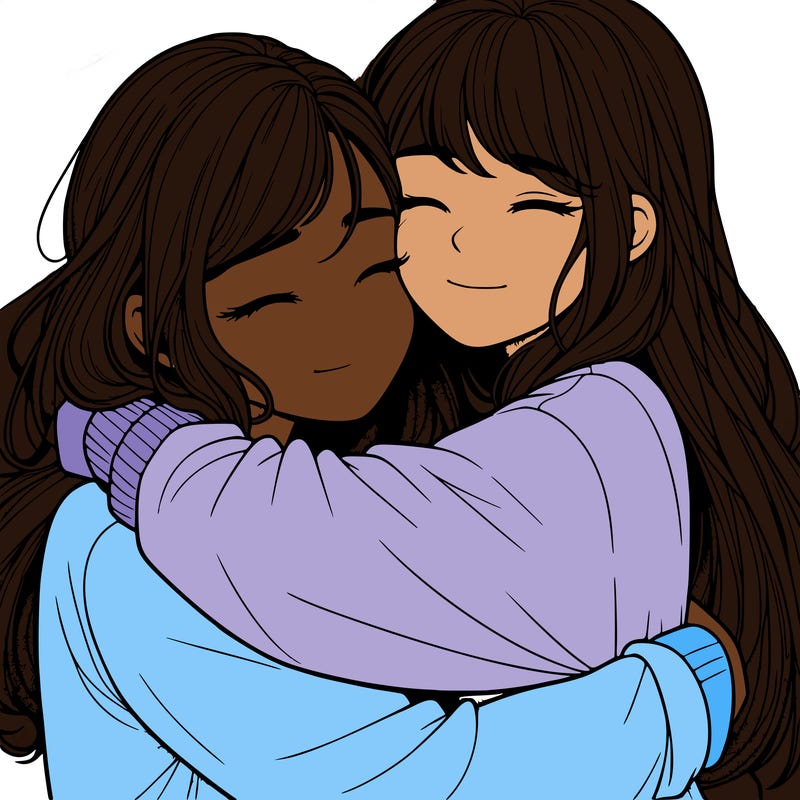 realistic two girls hugging