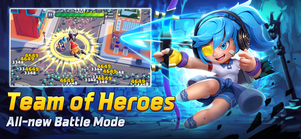 Archer character and top-down gameplay footage of a team of heroes fighting a zombie horde in Zombie.io Potato Shooting.