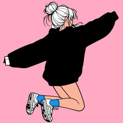 realistic girl jumping with a bun and oversized sweatshirt