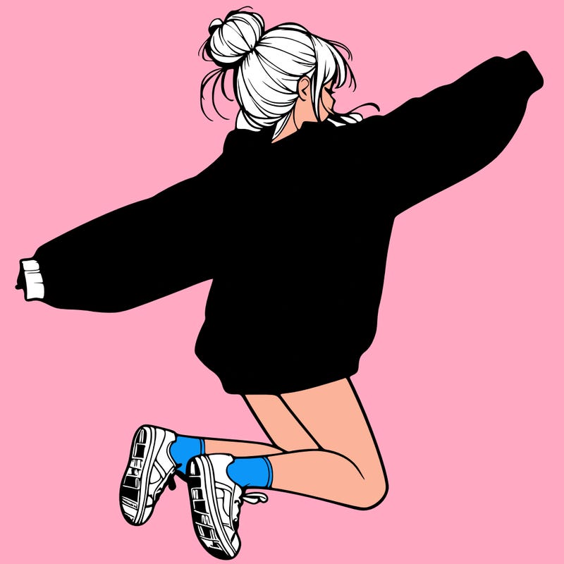 realistic girl jumping with a bun and oversized sweatshirt