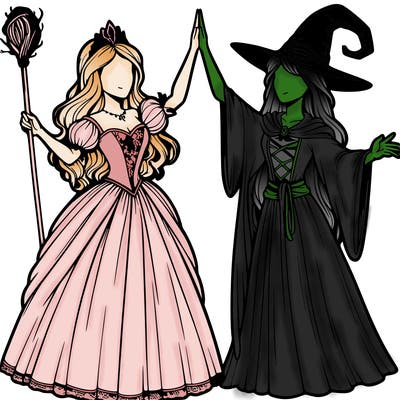 detailed realistic split of a princess and a witch