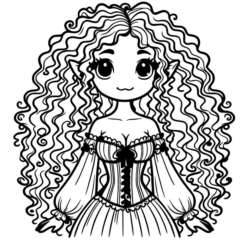 elf girl with really curly hair with a corset and dress