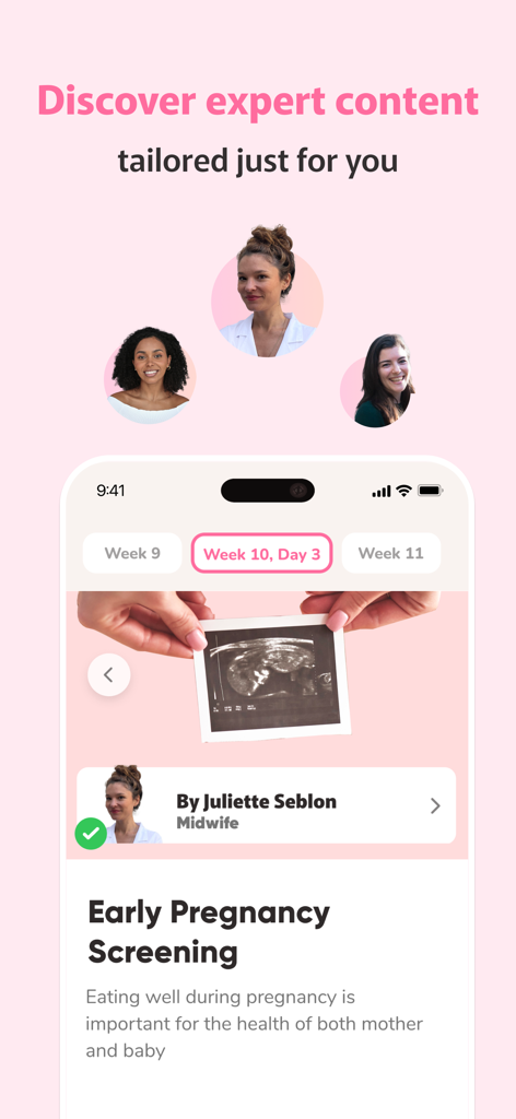 Capture d'écran de l'application WeMoms affichant un article sur le dépistage de grossesse rédigé par une sage-femme certifiée.