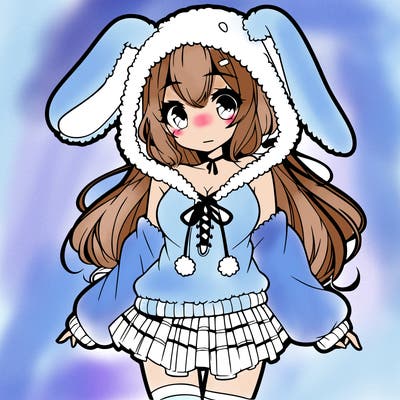 pretty anime girl wearing a fluffy hoodie with bunny ears on the hood and a skirt