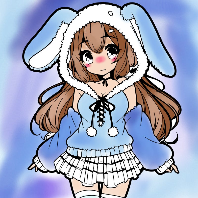pretty anime girl wearing a fluffy hoodie with bunny ears on the hood and a skirt