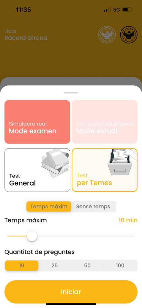 Interface for configuring the firefighter exam with options for exam mode, study mode, time limits, and number of questions.