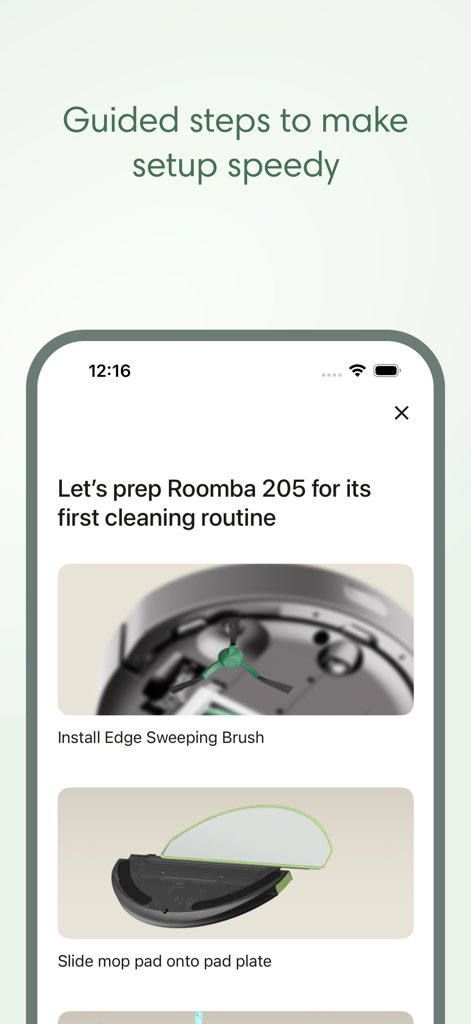 Roomba Home - Roomba Home app onboarding screen showing guided setup steps for the Roomba 205 robot vacuum