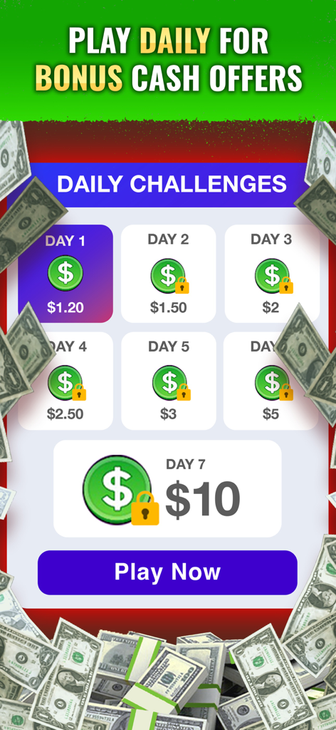 Dominoes Gold mobile app screen showing daily challenges and cash rewards