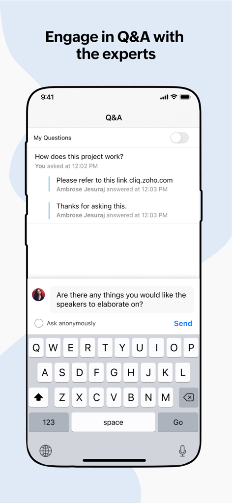 Zoho Meeting - Online Meetings - Smartphone screen showing the Q and A feature of Zoho Meeting app for interactive webinars