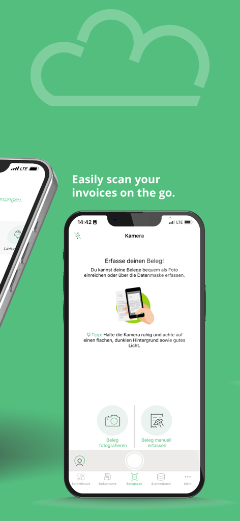 iPhone displaying Billomat app receipt scanning interface for mobile invoice management