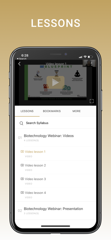 SOIC - Una pantalla móvil de la aplicación SOIC que muestra un reproductor de lecciones en video y una lista de programas para un seminario web de biotecnología