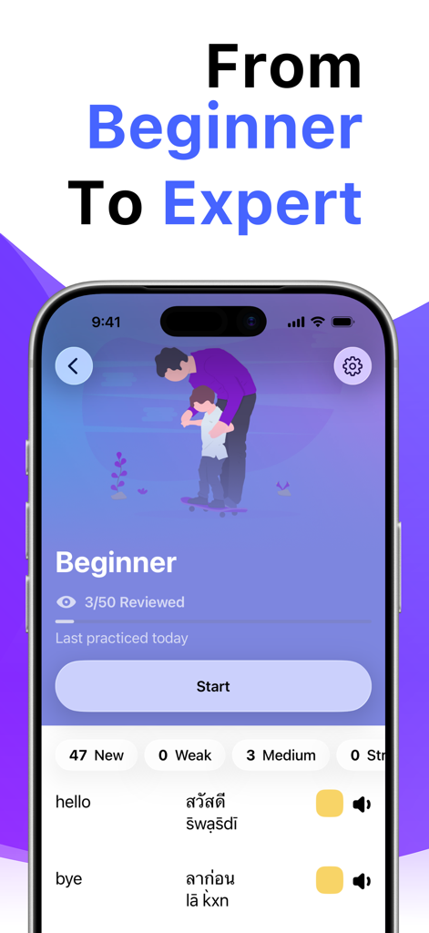 Oberfläche der Learn Thai with LENGO App, die Vokabeln für Anfänger in Thai mit englischen Übersetzungen und Audioknöpfen anzeigt.