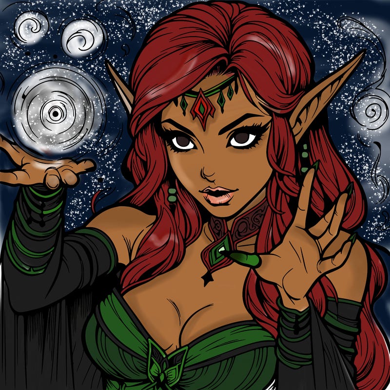 realistic scary beautiful elf sorceress casting spell