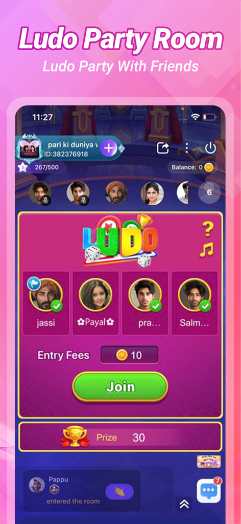 Achat- Live Chat& Make Friends - Screenshot of Achat app featuring the Ludo Party Room for social gaming and voice chat.