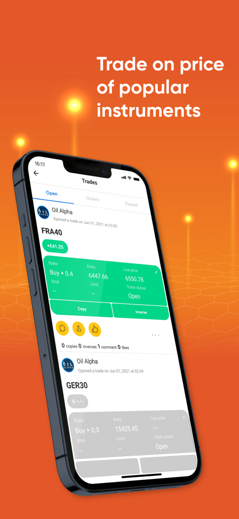V-Social - V-Social mobile app interface showing open trades for global financial instruments
