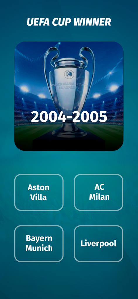 Football Quiz: Trivia game - Pergunta de trivia de futebol pedindo para identificar o vencedor de 2004 a 2005 entre quatro opções de clubes